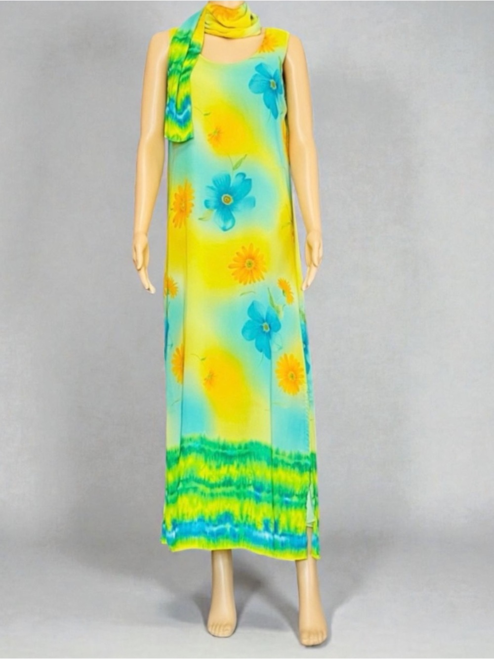 Sleeveless Yellow & Aqua Floral Maxi Dress with Scarf